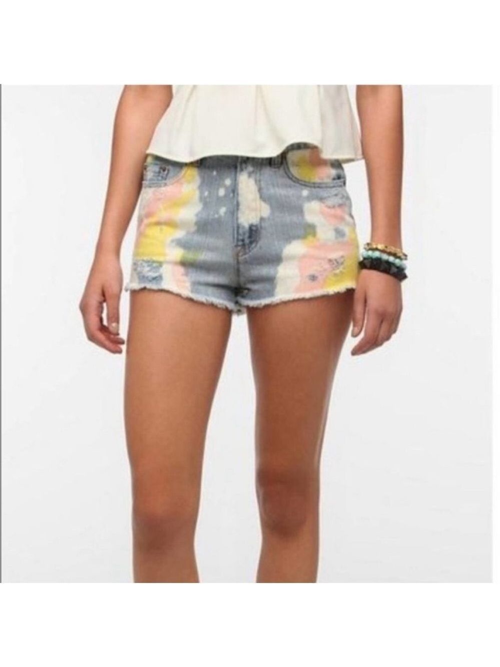 BDG High Rise Dree Cheeky Tie Dye Splatter Festival Jean Shorts, Size 25
